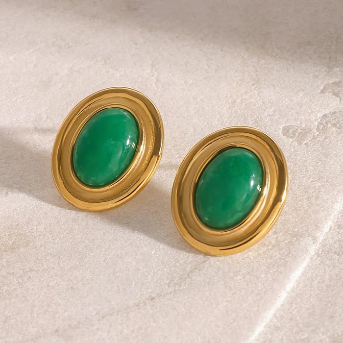 1 Pair Luxurious Retro Style Oval Shape Stainless Steel  Gold Color Inlay Artificial Gemstone Women's Stud Earrings 